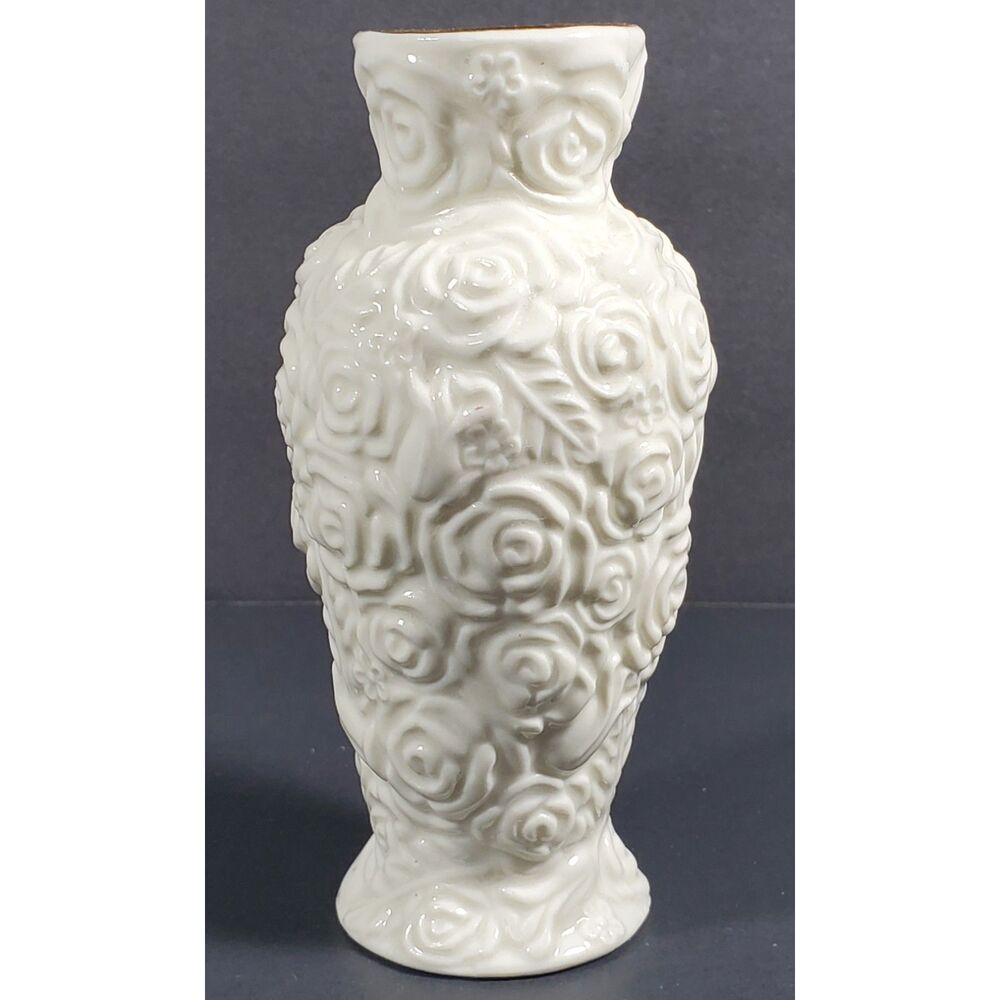 Vtg White Rose Vase, Miniature 5" Floral Vase Gold Rim